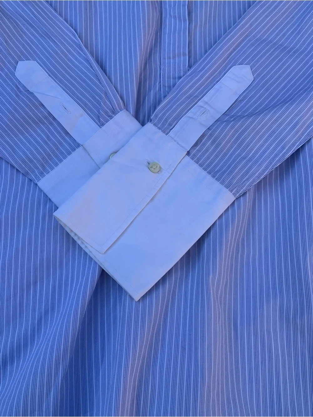 ANN MASHBURN Light Blue Pinstripe Grandad-Collar Shirt with White Accents